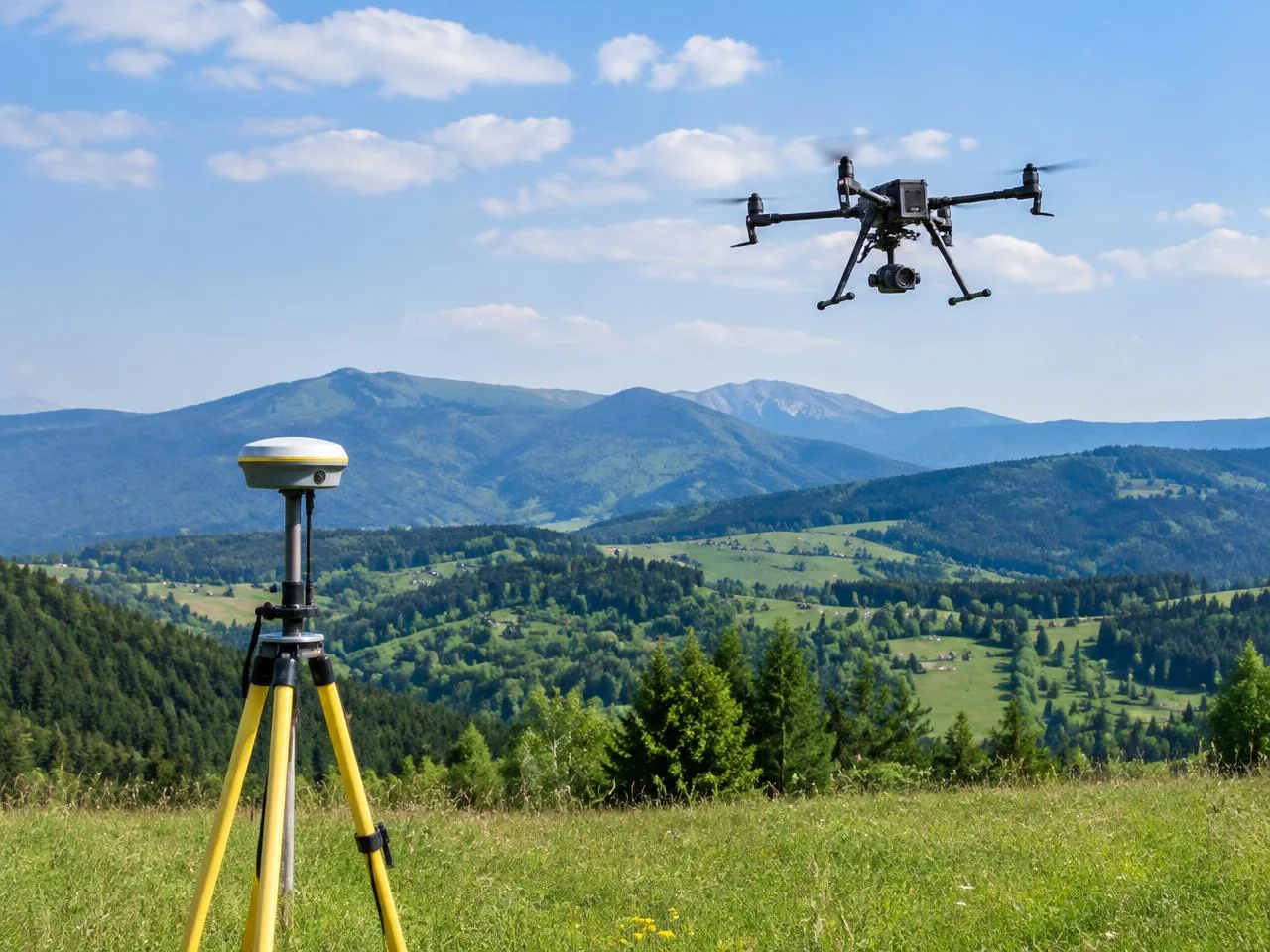 Ilustracja: dron pomiarowy i odbiornik GNSS na tle Beskidów