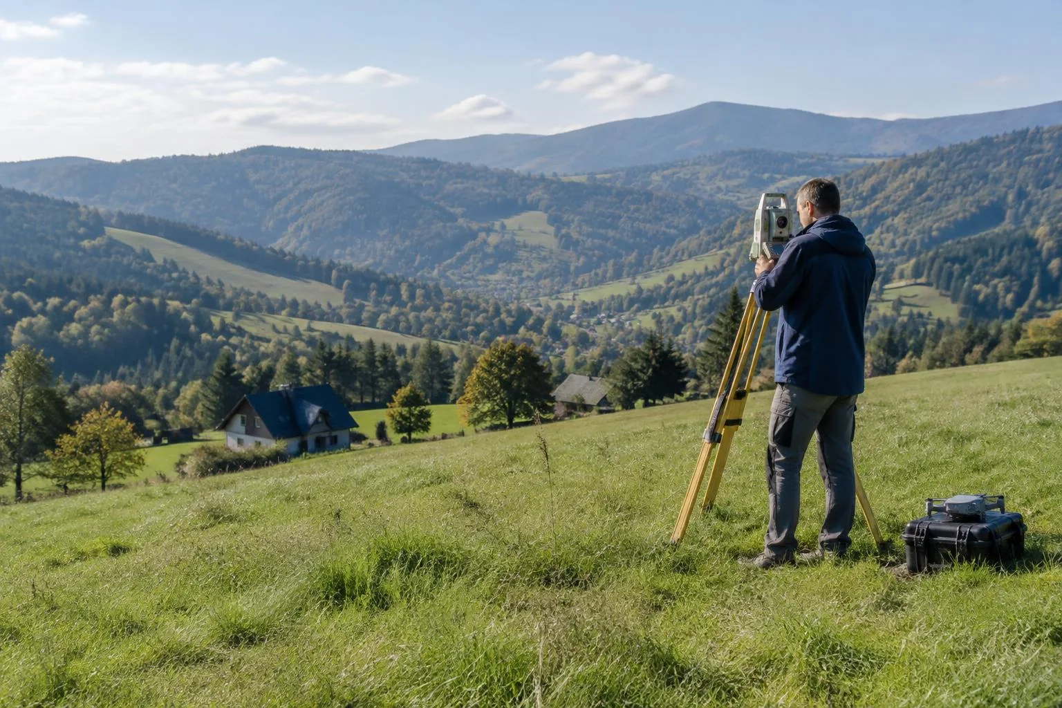 Ilustracja: geodeta przy tachimetrze na górskiej łące w Beskidach