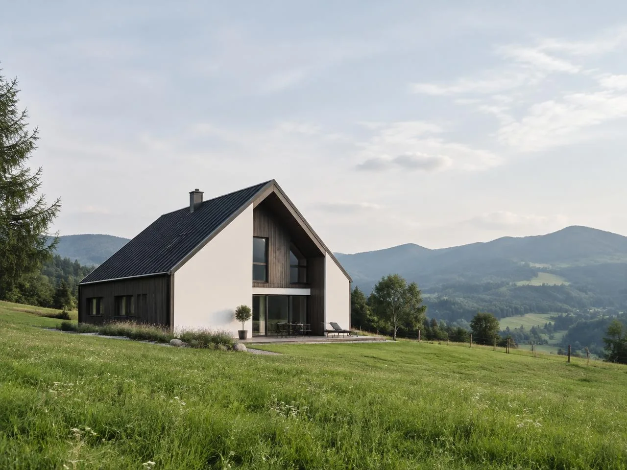 Ilustracja: nowoczesny dom na zboczu w Beskidach, nie oferta sprzedaży