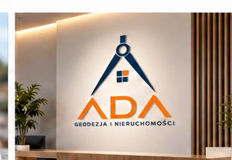 Logo ADA Geodezja i Nieruchomości na ścianie recepcji – poglądowa wizualizacja marki – Brenna
