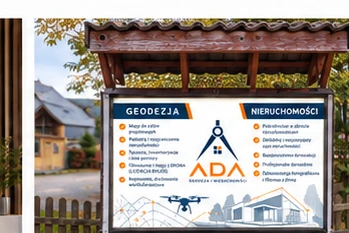 Stojak informacyjny z logo ADA Geodezja i Nieruchomości pod drewnianym zadaszeniem – poglądowa wizualizacja marki – Brenna